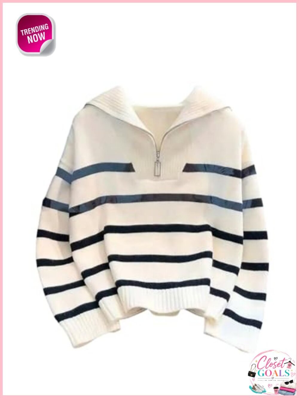 Women's Striped Long Sleeve Sweater Quarter Zip Drop Shoulder Pullover
